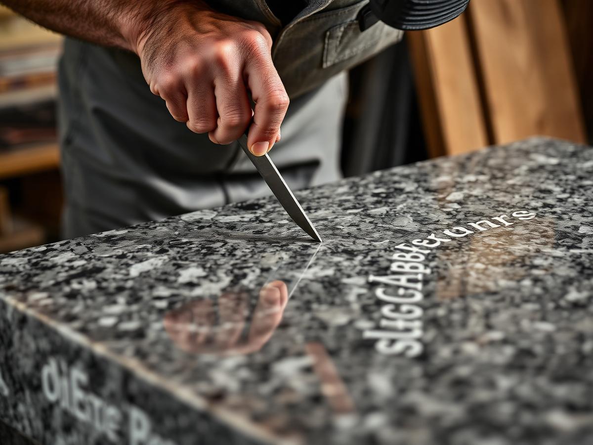 A stonecutter chiseling lettering on a slab of granite in the Capital Monument Works studio