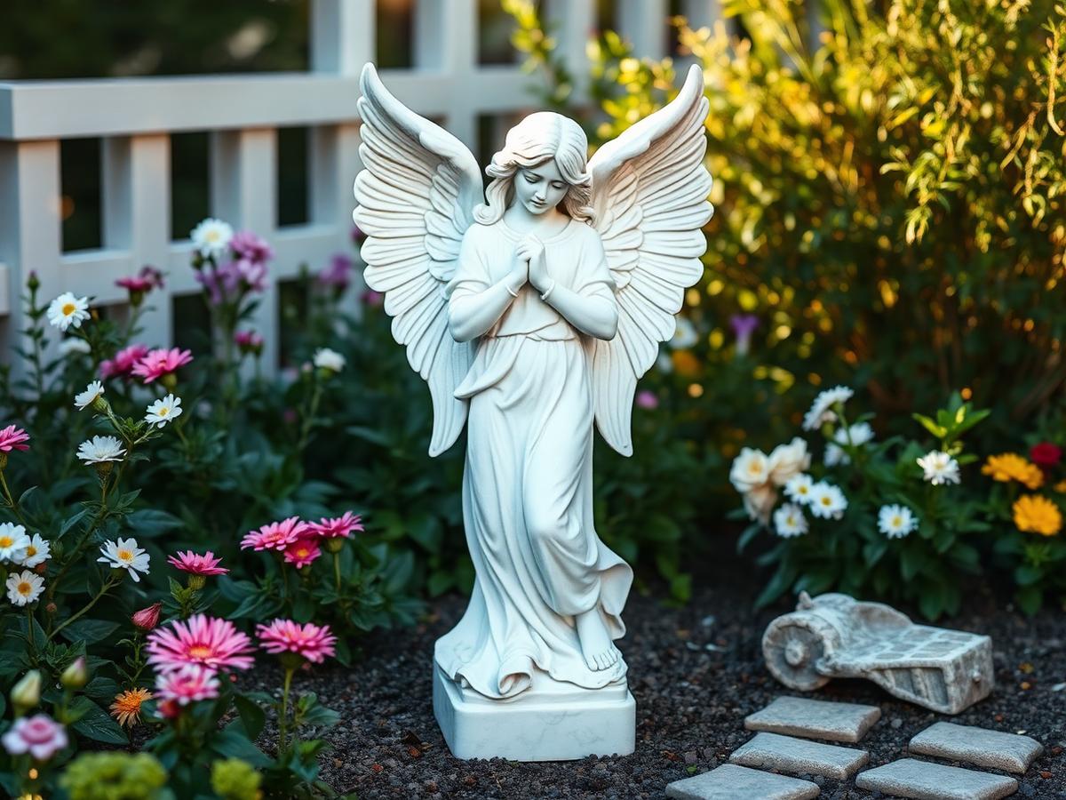 White marble angel memorial in a private garden